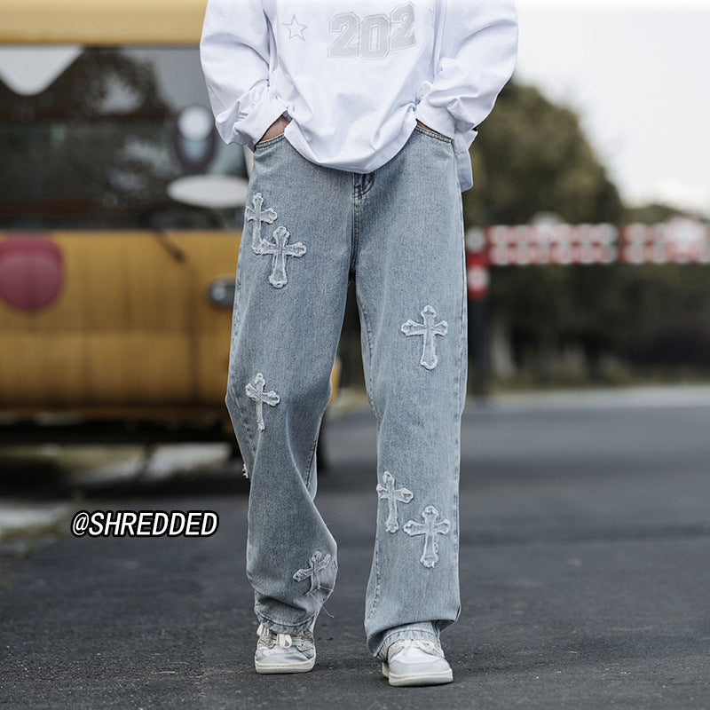 Men Jeans Cross Loose Straight Wide Leg Casual Trousers