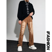 Men Jeans Retro Washed Distressed Loose Straight Hiphop Wide Leg Trousers