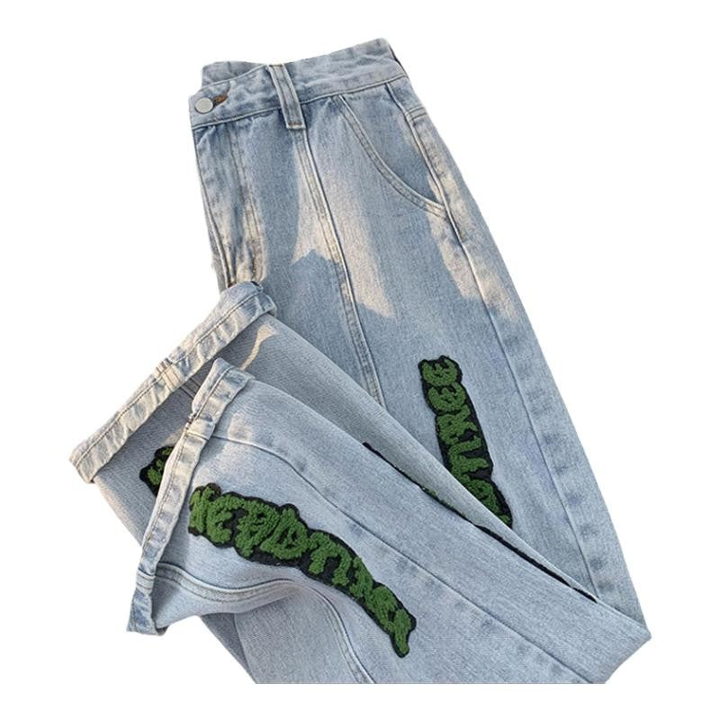 Men Jeans Letter Flocking Jeans Loose Spring and Autumn Retro