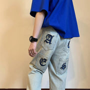 Men Jeans Embroidered Jeans Ripped Men's Summer Baggy Straight Trousers