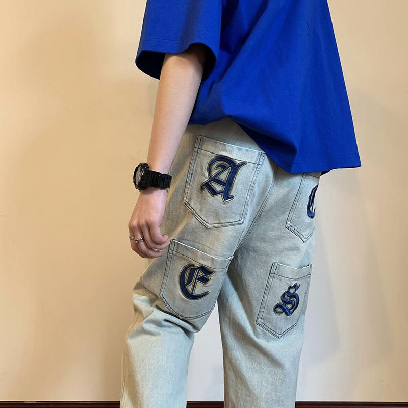 Men Jeans Embroidered Jeans Ripped Men's Summer Baggy Straight Trousers