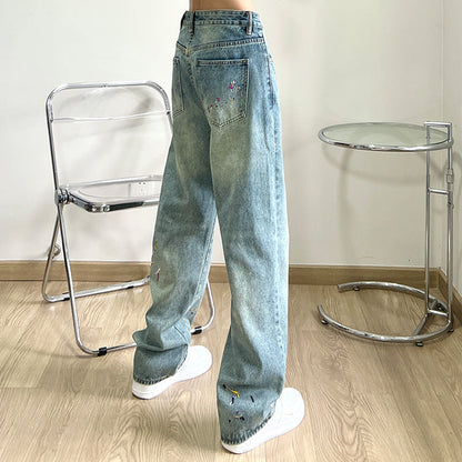 Men Jeans Embroidered Washed Loose Straight Jeans Casual Hip Hop Trousers
