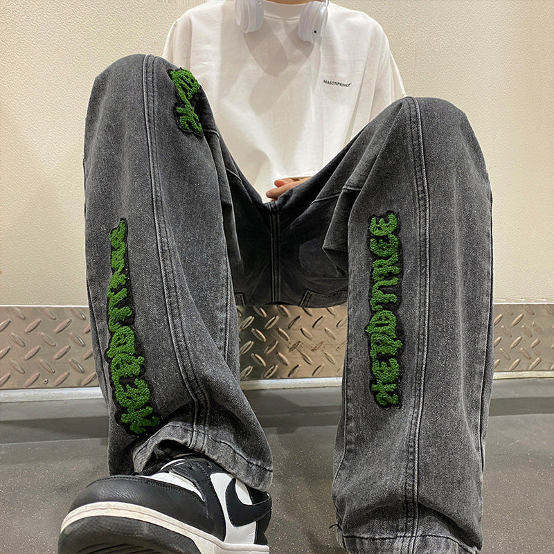Men Jeans Letter Flocking Jeans Loose Spring and Autumn Retro