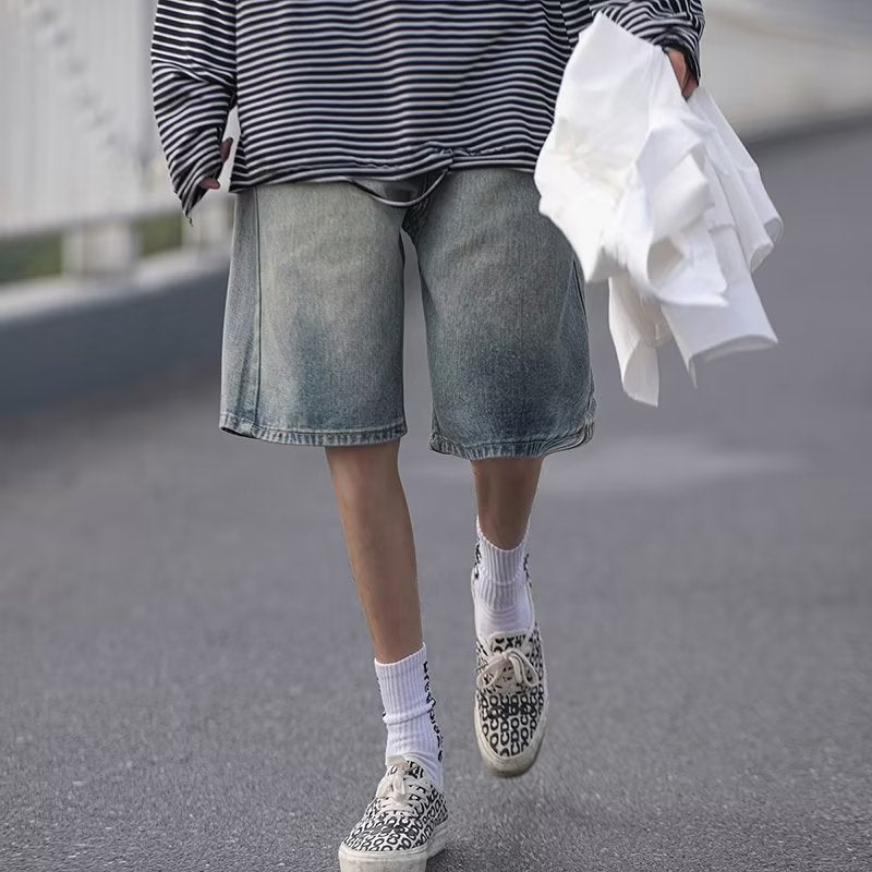 Men Jeans Retro Denim Shorts Men's Summer Washed Middle Pants Straight Wide Pants