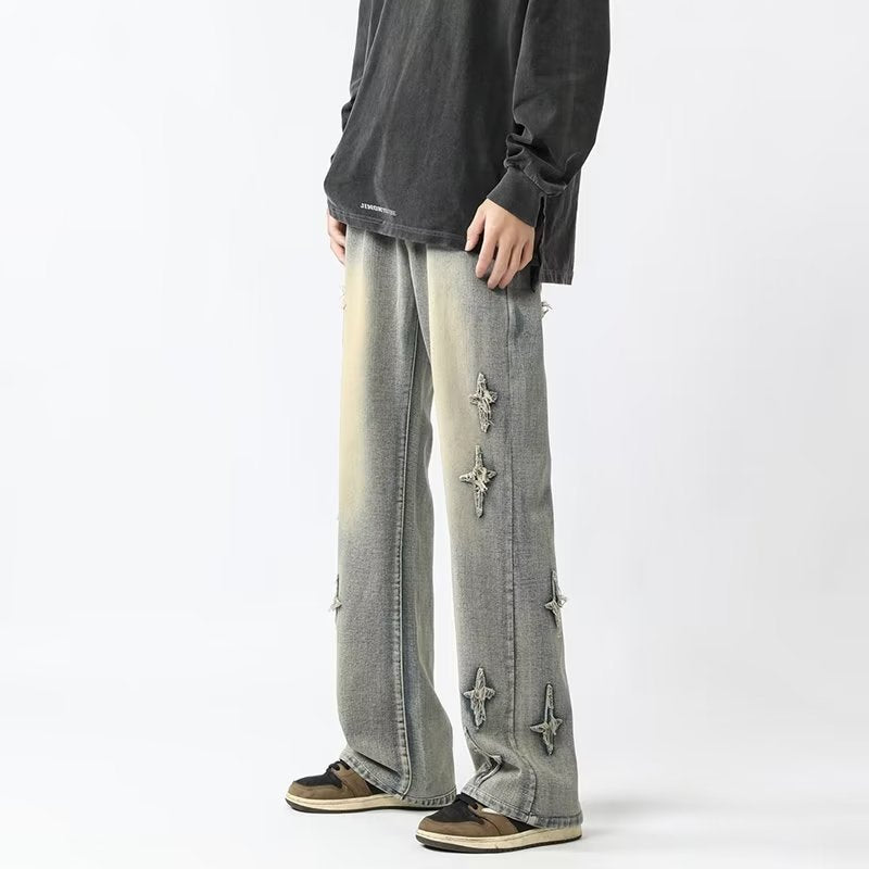 Men Jeans Cross Embroidery Straight-Leg Pants Spring Loose Retro Oversized Casual Trousers