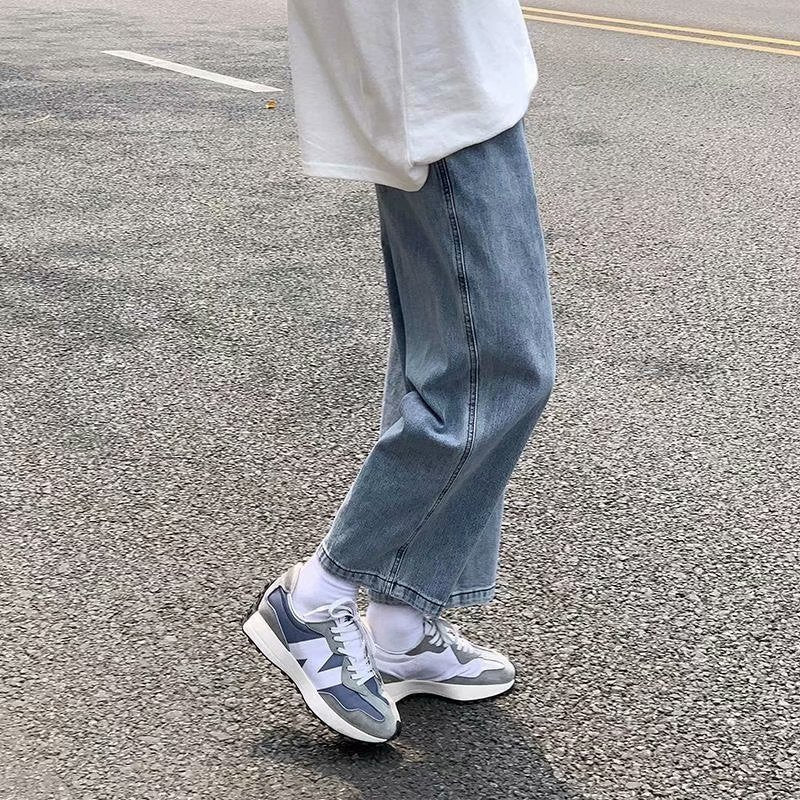 Men Jeans Vintage Light Color Elastic Waist Jeans Straight Wide Pants