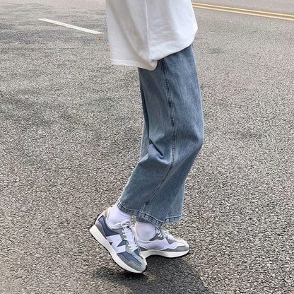 Men Jeans Vintage Light Color Elastic Waist Jeans Straight Wide Pants