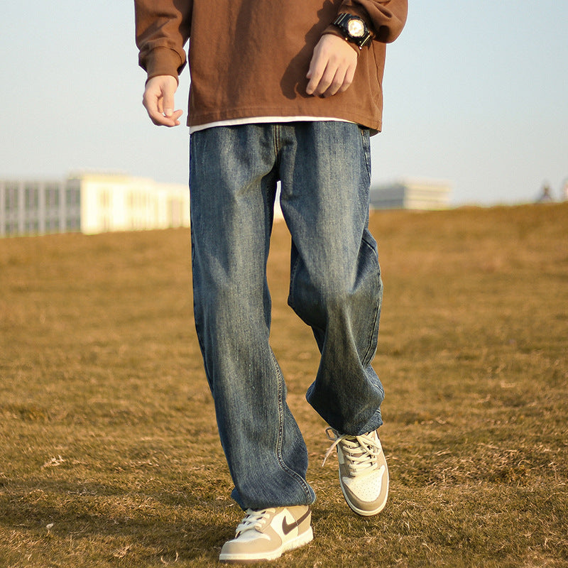 Men Jeans Retro Washed Jeans Men's Spring and Autumn Baggy Straight Trousers Casual Trousers
