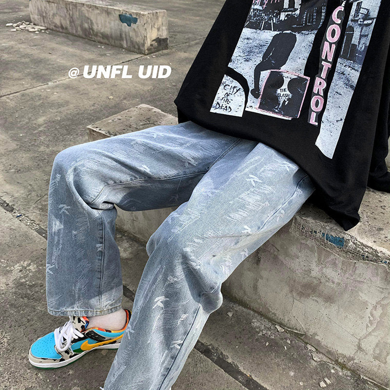 Men Jeans Loose Oversize Wide Leg Pants Denim Trousers