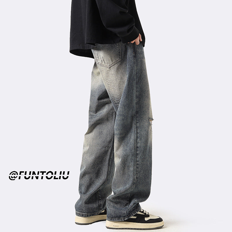 Men Jeans Straight Loose Washed-out Jeans Casual Wide Leg Pants