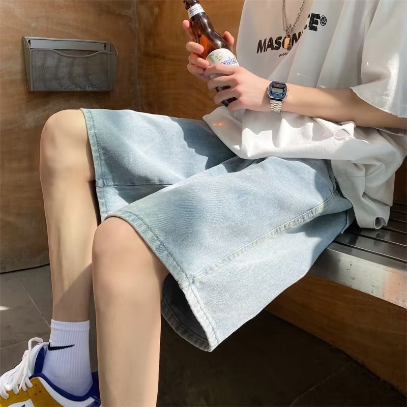 Men Jeans Denim Shorts Summer Retro Casual Baggy Straight Trousers
