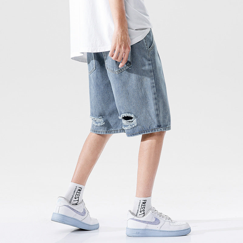 Men Jeans Shorts Straight Loose Summer Ripped Shorts