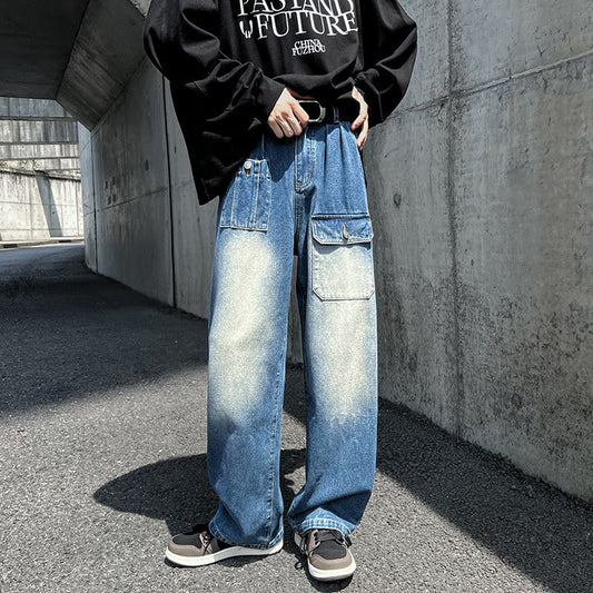 Men Jeans Cargo Jeans Men's Autumn and Winter Wide-Leg Trousers