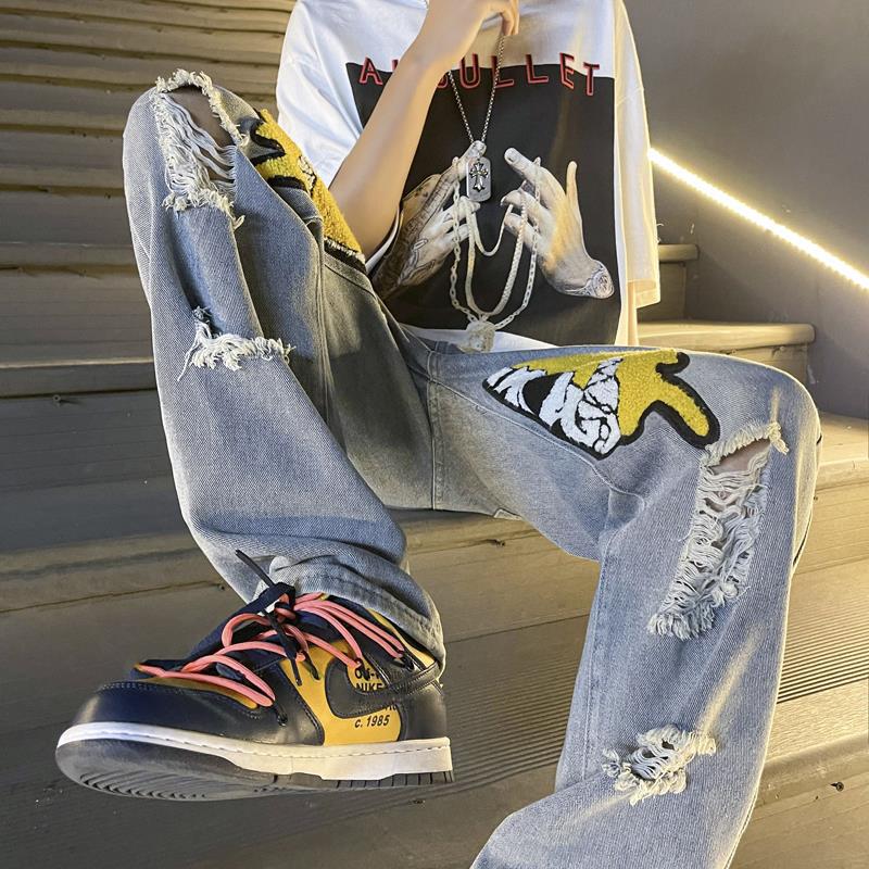 Men Jeans Ripped Jeans Men's Summer Loose Wide Leg Pants