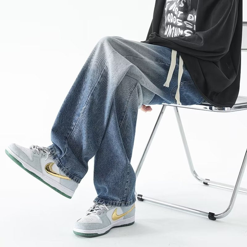 Men Jeans Gradient Jeans Men Retro Washed Loose Wide-Leg Straight Trousers