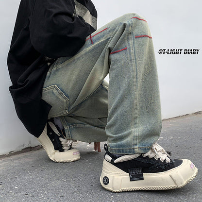 Men Jeans Washed Worn Jeans Men's Autumn and Winter Loose Wide Leg Pants Straight-Leg Pants