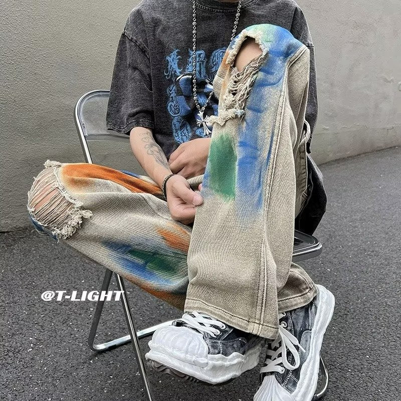 Men Jeans Washed Jeans Ripped Tie-Dye Pants Men Straight-Leg Pants