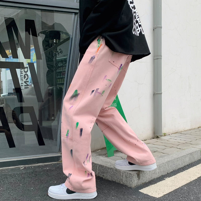 Men Jeans Splash-Ink Jeans Men's Autumn Baggy Straight Trousers Casual Trousers