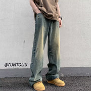 Men Jeans Washed Worn Jeans Loose Wide-Leg Straight Pants