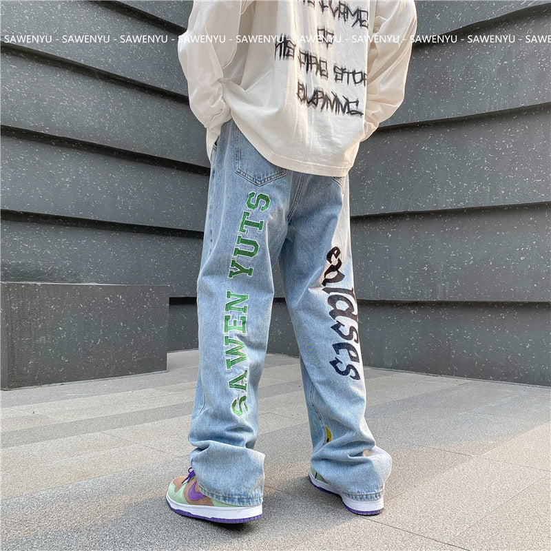 Men Jeans Embroidered Jeans Straight Oldschool Trousers
