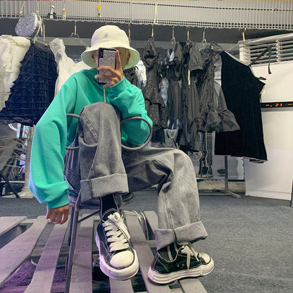 Men Jeans Loose Straight Wide-Leg Pants Spring and Autumn Hip Hop Retro Washed Trousers
