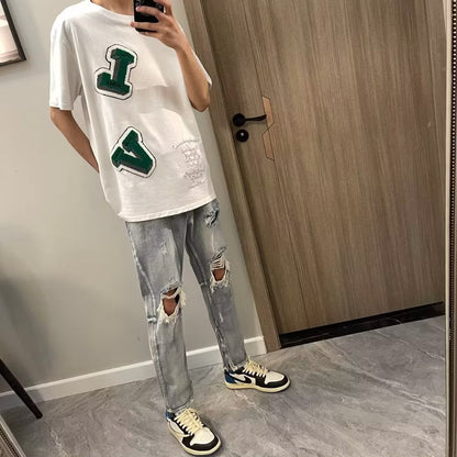 Men Jeans Ripped Jeans Men's Summer Retro Slim-Fit Straight Trousers