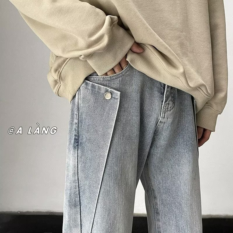 Men Jeans Washed Light Blue Jeans Slim-Fit Straight Trousers