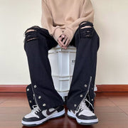 Men Jeans Black Ripped Jeans Spring and Autumn Zipper Straight-Leg Pants