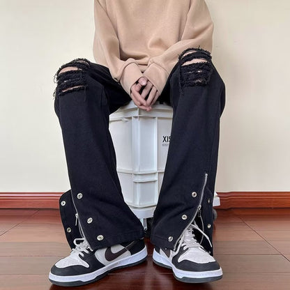 Men Jeans Black Ripped Jeans Spring and Autumn Zipper Straight-Leg Pants