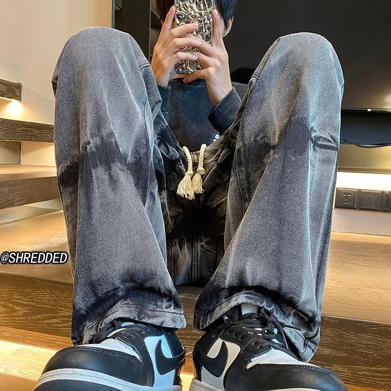 Men Jeans Tie-Dyed Vintage Jeans Autumn and Winter Straight Wide-Leg Pants Casual Pants