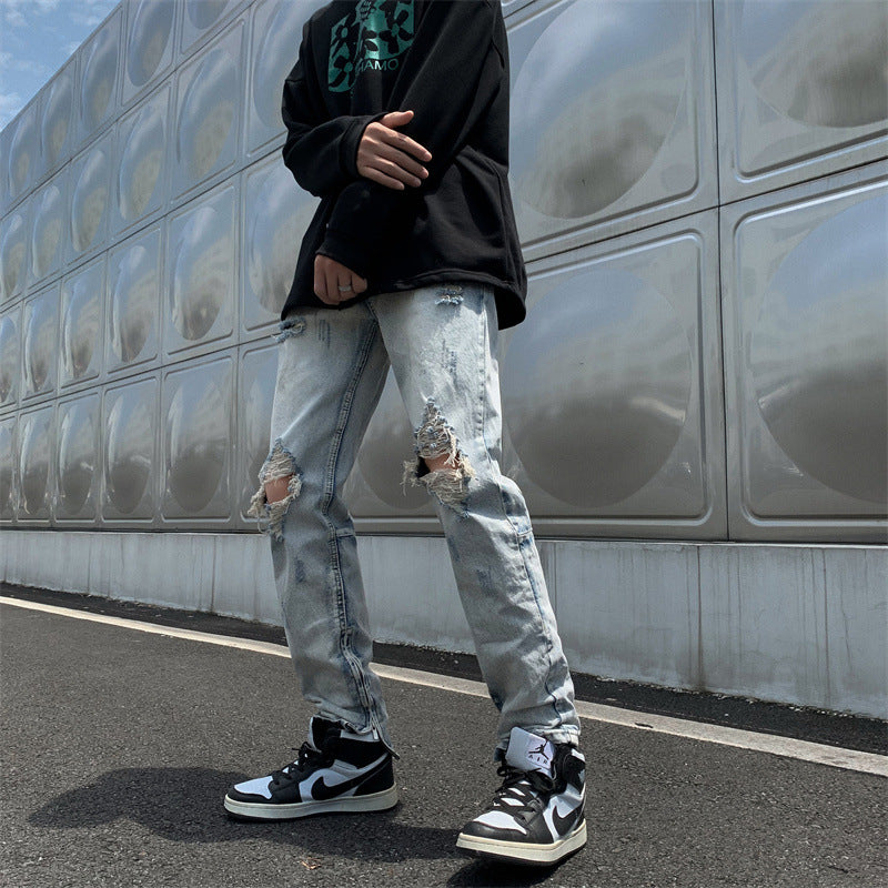 Men Jeans Loose Hole Straight Tide Trousers