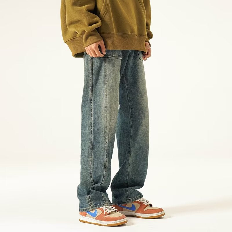 Men Jeans Washed Worn Jeans Men's Straight-Leg Trousers Wide Leg Pants