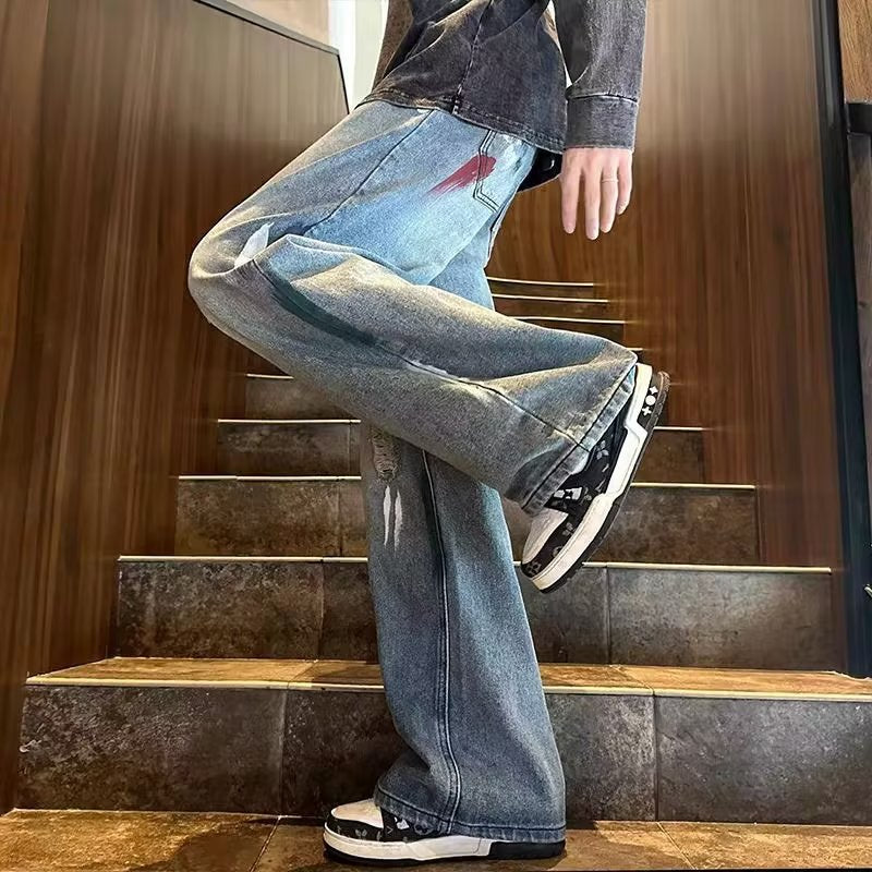 Men Jeans Men's Autumn Washed Distressed Wide-Leg Pants Loose Straight Casual Trousers