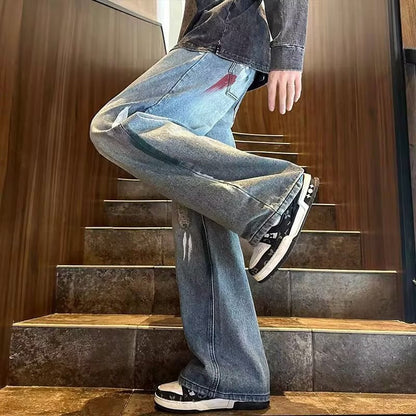 Men Jeans Men's Autumn Washed Distressed Wide-Leg Pants Loose Straight Casual Trousers