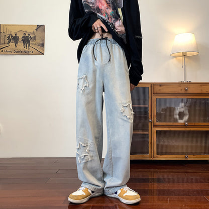 Men Jeans Ripped Washed Jeans Spring and Autumn Loose Straight Wide-Leg Pants
