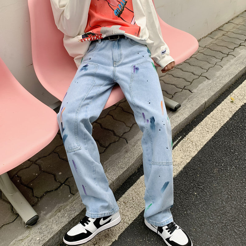 Men Jeans Splash-Ink Jeans Men's Autumn Baggy Straight Trousers Casual Trousers