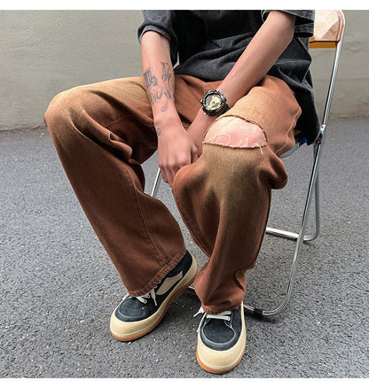 Men Jeans Vintage Brown Jeans Summer Straight Ripped Trousers