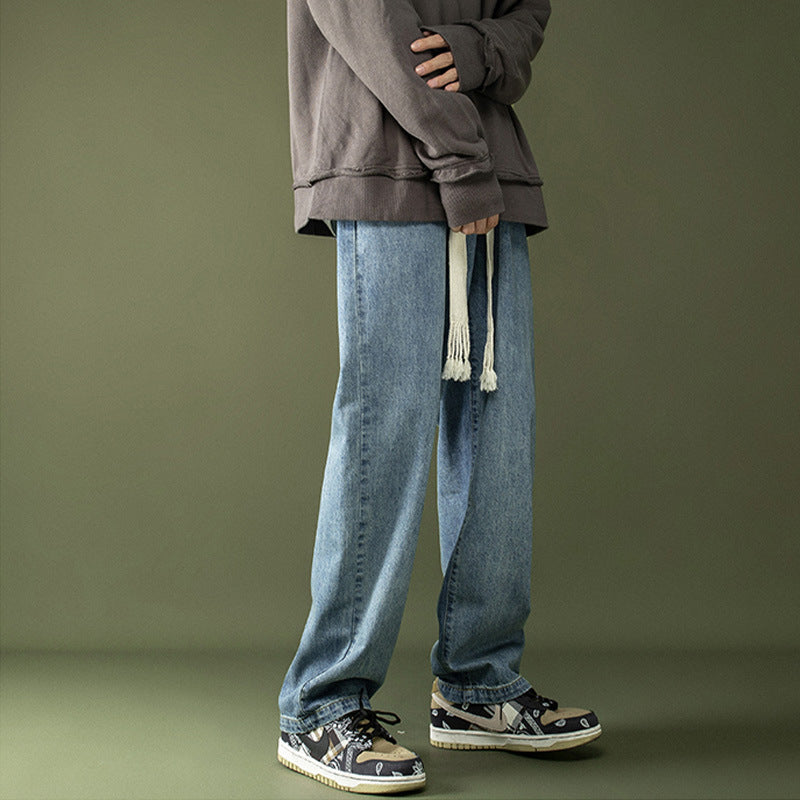 Men Jeans Spring and Autumn Straight Loose Drawstring Pants Retro Wide-Leg Pants