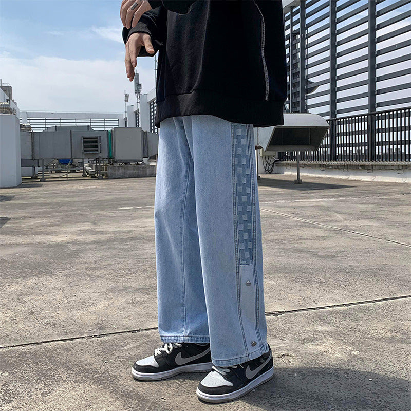 Men Jeans Plaid Denim Trousers Men Spring Autumn Loose Straight Wide Leg Pants