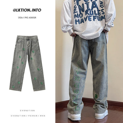Men Jeans Embroidered Jeans Men's Autumn Oversize Straight-Leg Pants