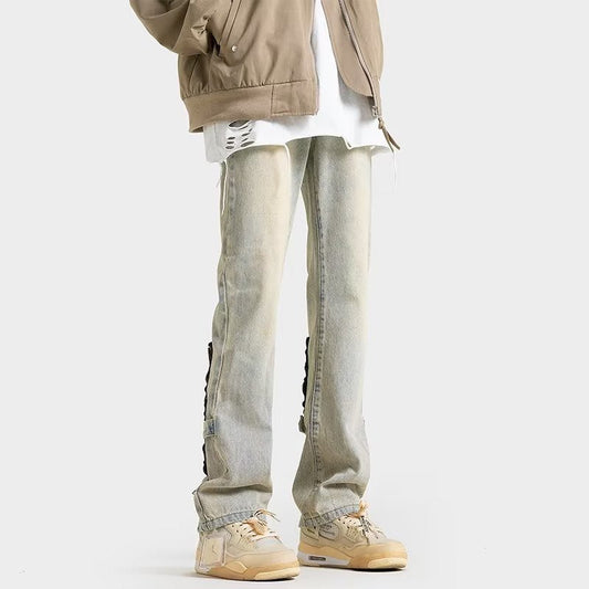 Men Jeans Spring Straight Casual Trousers Vintage Zipper Bootcut Trousers