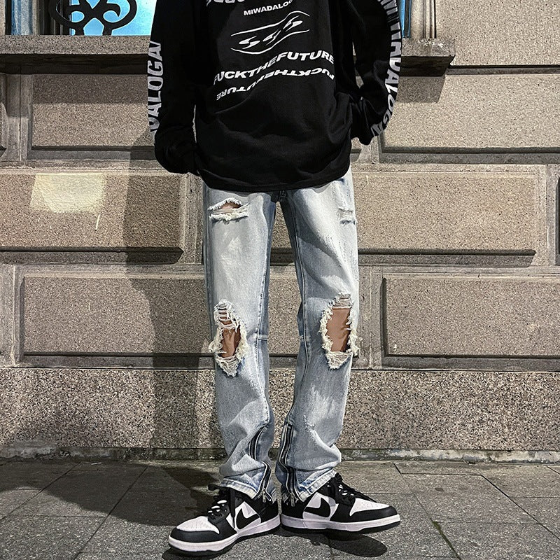 Men Jeans Ripped Jeans Men's Summer Straight Casual Wide-Leg Trousers