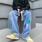Men Jeans Graffiti Jeans Men's Spring and Autumn plus Size Hip Hop Wide-Leg Pants Straight Loose