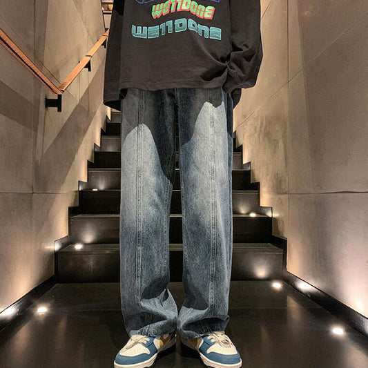 Men Jeans Autumn and Winter Washed Old Loose Straight Cargo Pants
