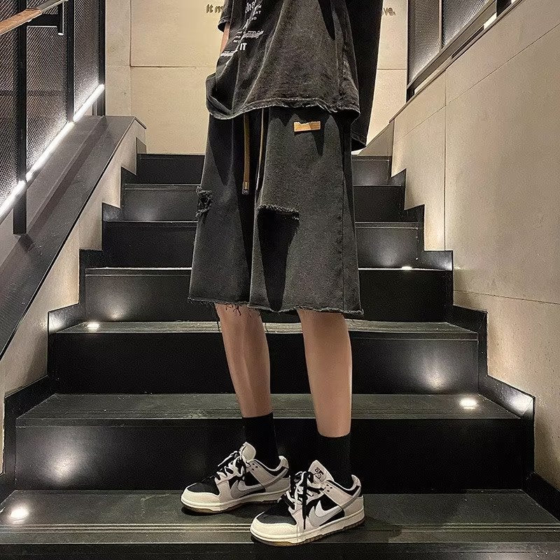 Men Jeans Ripped Denim Shorts Men's Summer Loose Straight Casual Pants