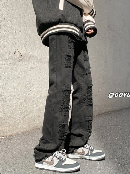 Men Jeans Ripped White Jeans Straight Slim-Fit Pants
