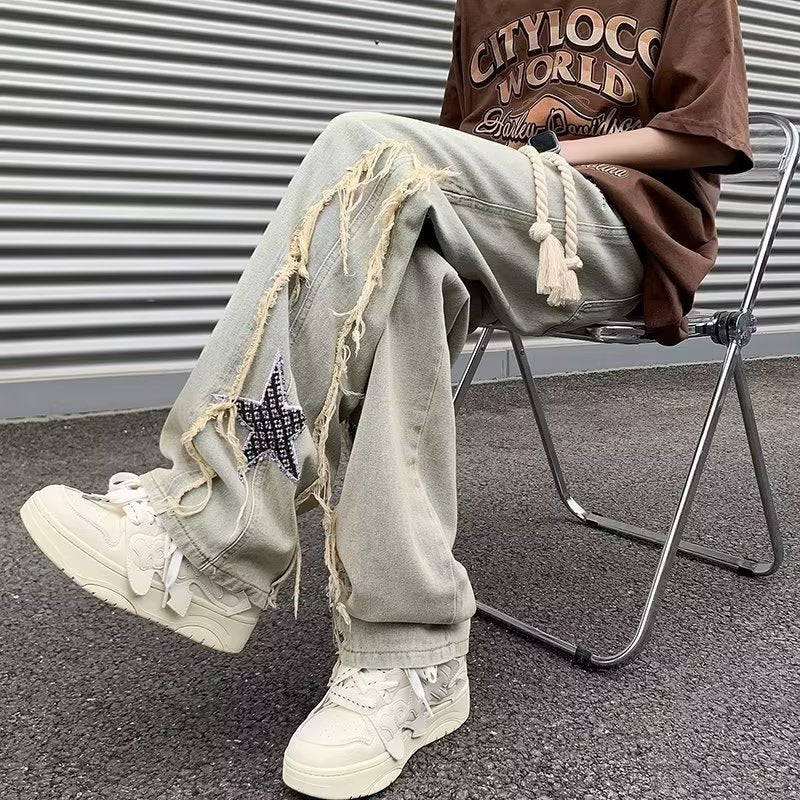 Men Jeans Embroidered Jeans Men's Summer Retro Loose Wide-Leg Straight Pants
