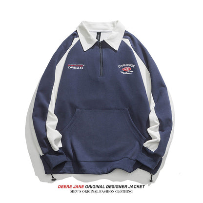 Men Pullover Hoodie Spring Color Matching Polo Shirt Men Loose-Fitting Casual Pullover