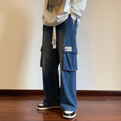 Men Jeans Washed-out Vintage Multi-Pocket Straight Loose Casual Wide-Leg Trousers