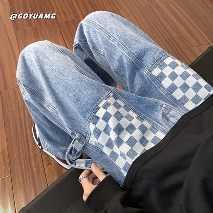 Men Jeans Autumn and Winter Chessboard Plaid Jeans Loose Straight Casual Working Pants